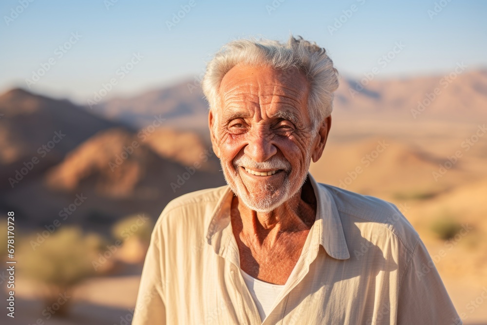 Portrait of a happy elderly 100 years old man dressed in a casual t-shirt against a backdrop of desert dunes. AI Generation
