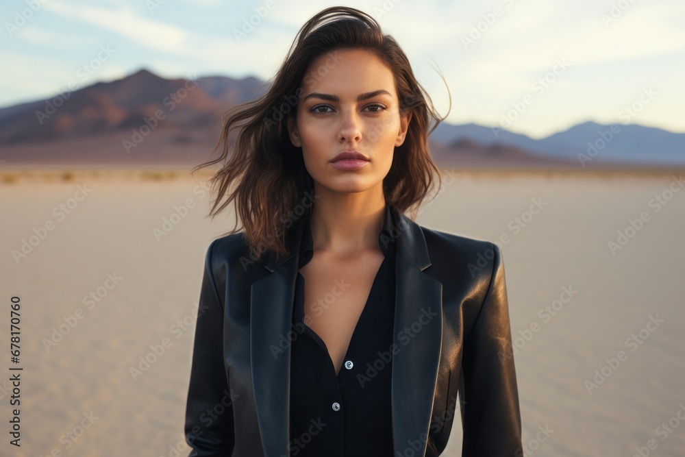 Portrait of a happy woman in her 20s sporting a stylish leather blazer against a backdrop of desert dunes. AI Generation Portrait of a happy woman in her 20s sporting a stylish leather blazer against a backdrop of desert dunes. AI Generation