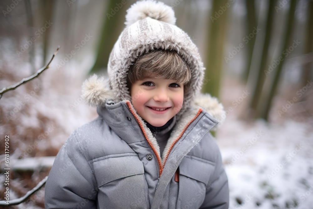 happy little boy bundled up in a cozy winter jacket