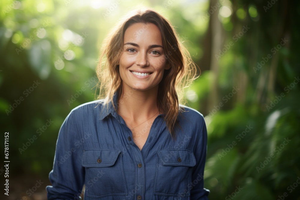 Portrait of a grinning woman in her 30s sporting a versatile denim shirt against a lush tropical rainforest. AI Generation Portrait of a grinning woman in her 30s sporting a versatile denim shirt against a lush tropical rainforest. AI Generation