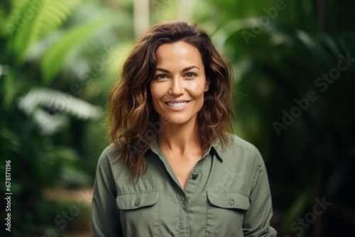 Portrait of a grinning woman in her 30s sporting a versatile denim shirt against a lush tropical rainforest. AI Generation