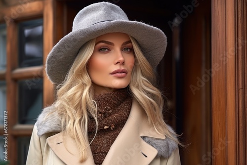 a stylish woman in a beret and trench coat photo