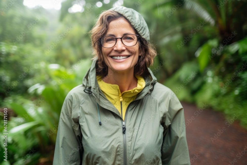 Portrait of a grinning woman in her 50s wearing a lightweight packable anorak against a lush tropical rainforest. AI Generation