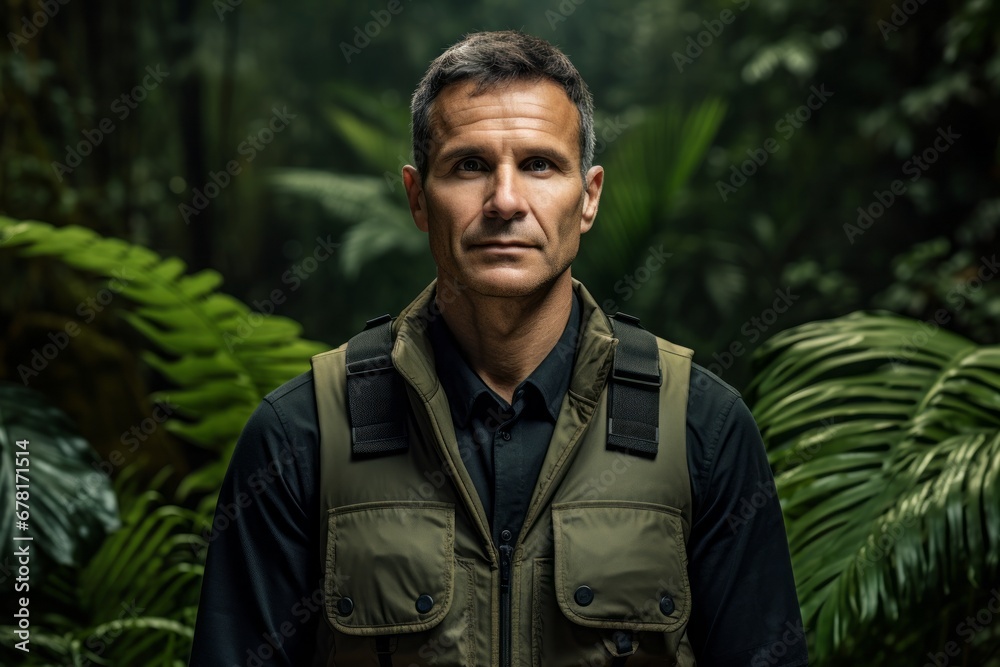 Portrait of a glad man in his 40s dressed in a thermal insulation vest against a lush tropical rainforest. AI Generation