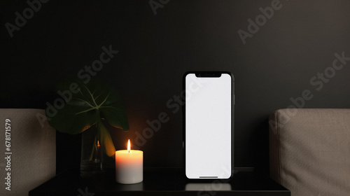 Smartphone mockup with blank screen on black table.