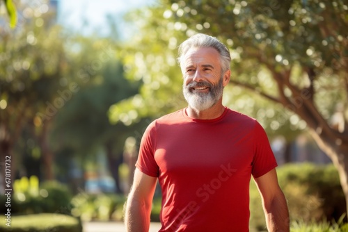 Portrait of a grinning man in his 50s wearing a moisture-wicking running shirt against a vibrant city park. AI Generation