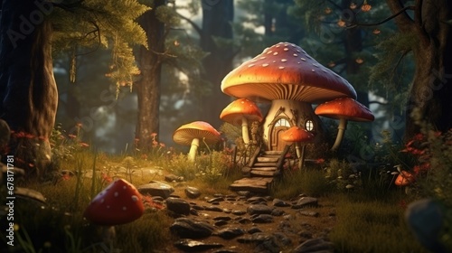 Mushroom fantasy house illustration, nature fairy home, fairy tale forest, magical, cottage, tree © Mars0hod