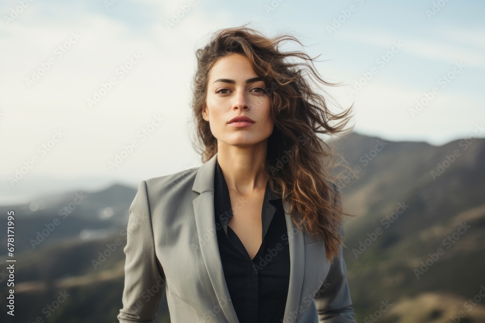 Portrait of a blissful woman in her 30s dressed in a stylish blazer against a panoramic mountain vista. AI Generation