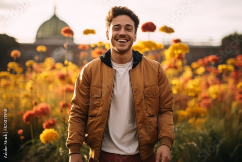 Portrait of a joyful man in his 20s wearing a trendy bomber jacket against a vibrant city park. AI Generation