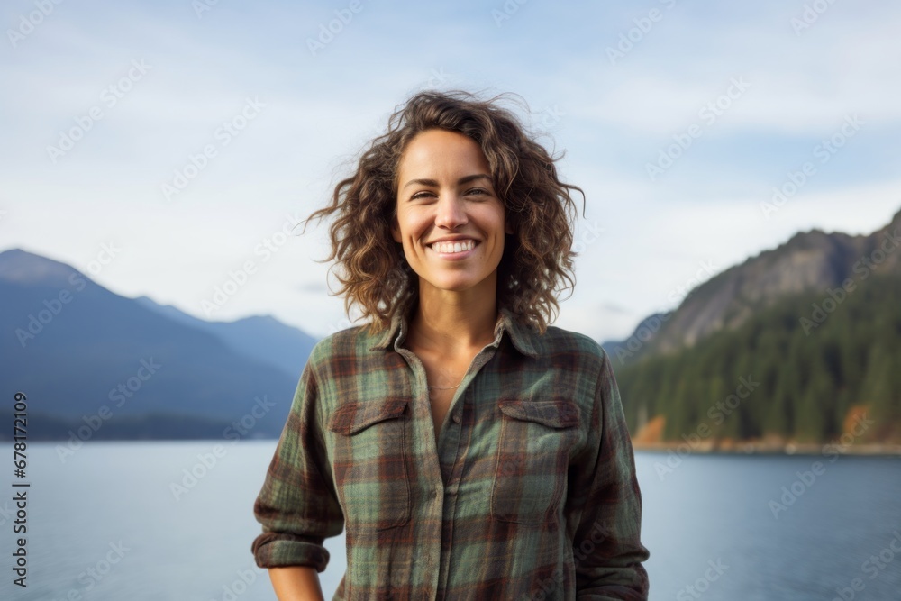Fototapeta premium Portrait of a happy woman in her 40s wearing a comfy flannel shirt against a panoramic mountain vista. AI Generation