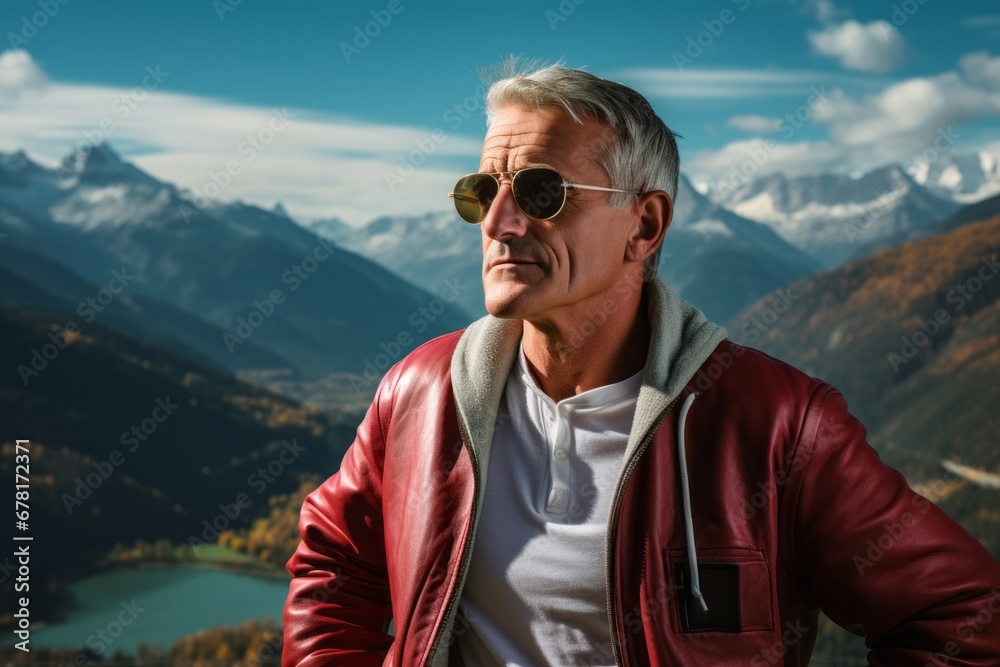 Portrait of a tender man in his 50s sporting a stylish varsity jacket against a panoramic mountain vista. AI Generation