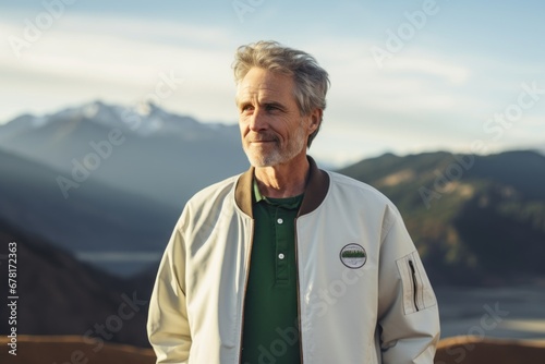 Portrait of a tender man in his 50s sporting a stylish varsity jacket against a panoramic mountain vista. AI Generation