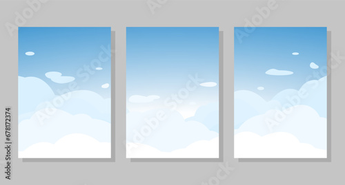 Set of sky background, frames. Curly clouds. Vector illustration. Social media banner template for stories, posts, blogs, cards, invitations.