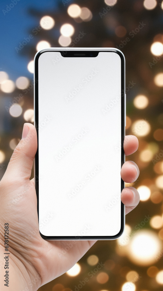 Male hand holding smartphone with blank screen on bokeh background.