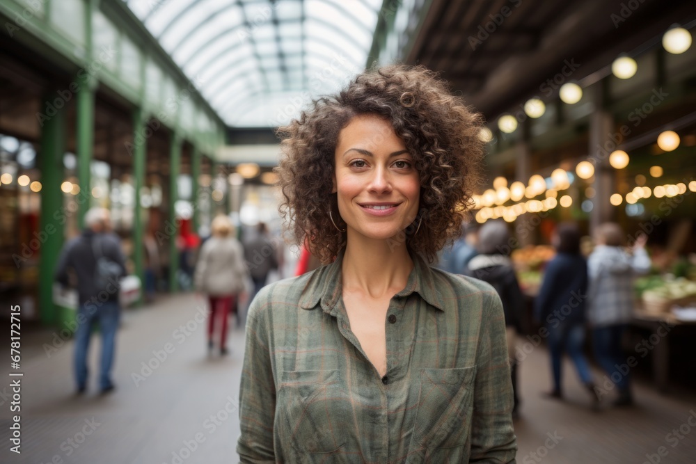 Portrait of a happy woman in her 40s dressed in a relaxed flannel shirt against a bustling urban market. AI Generation Portrait of a happy woman in her 40s dressed in a relaxed flannel shirt against a bustling urban market. AI Generation
