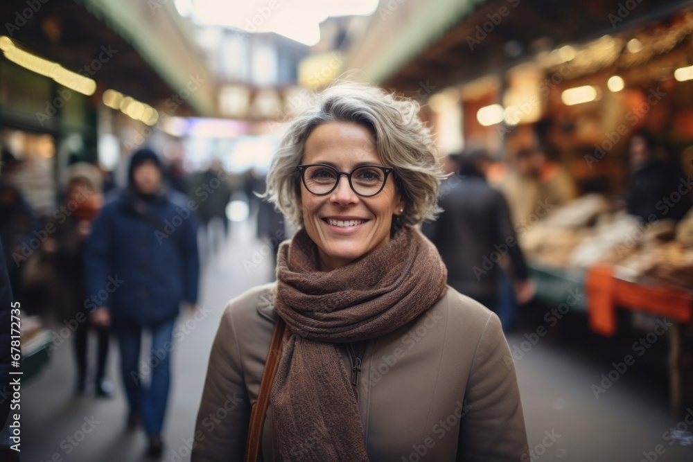 Portrait of a glad woman in her 50s wearing a thermal fleece pullover against a bustling urban market. AI Generation