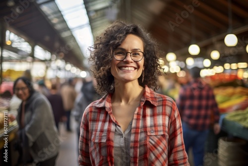 Portrait of a happy woman in her 40s dressed in a relaxed flannel shirt against a bustling urban market. AI Generation