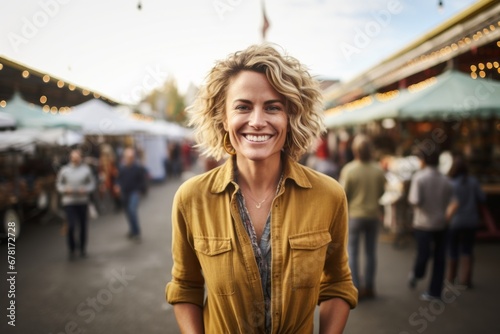 Portrait of a happy woman in her 40s dressed in a relaxed flannel shirt against a bustling urban market. AI Generation photo