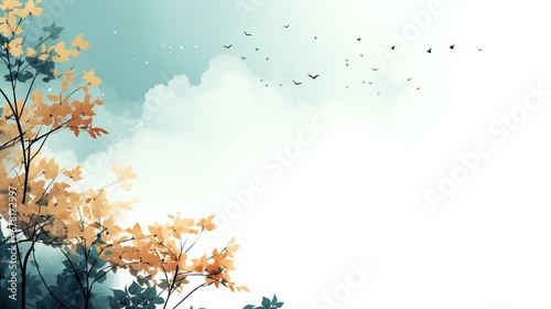 Serene Autumn Skies with Golden Leaves and Flock of Birds Soaring High Above Tranquility
