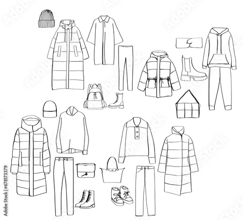 Woman clothes set. Sketch. Down jacket, sweater, sport suit, bag, shoes. Warm winter clothes