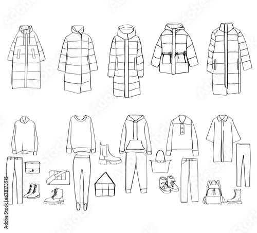 Woman clothes set. Sketch. Down jacket, sweater, sport suit, bag, shoes. Warm winter clothes photo