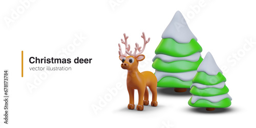 Antlered deer near snowy Christmas trees. Winter animal, helper of Santa Claus. Color image on white background. Cute New Year character. Web design in plasticine style