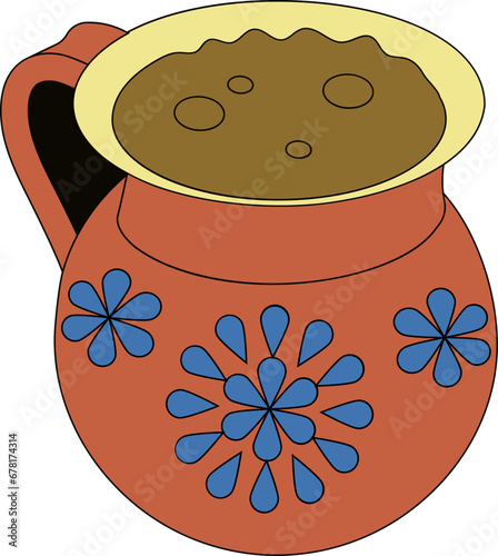 Icono de objeto taza de barro con chocolate caliente mexicano. Bebida tradicional de cacao. Tejate, Pozol, Tascalate, Champurrado, México prehispánico.
