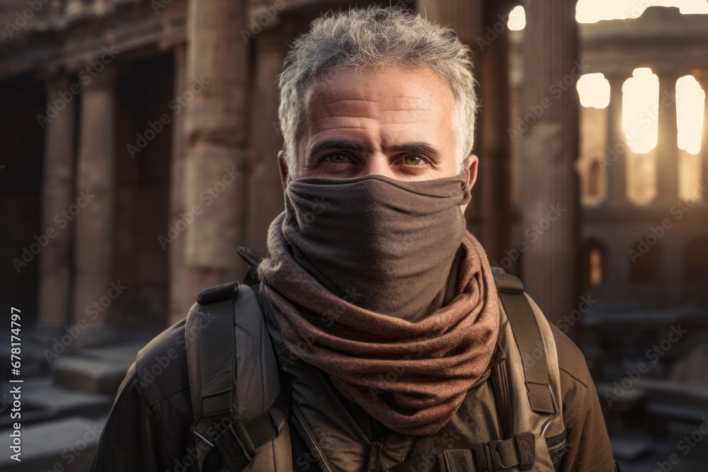 Portrait of a glad man in his 50s wearing a protective neck gaiter against a backdrop of ancient ruins. AI Generation