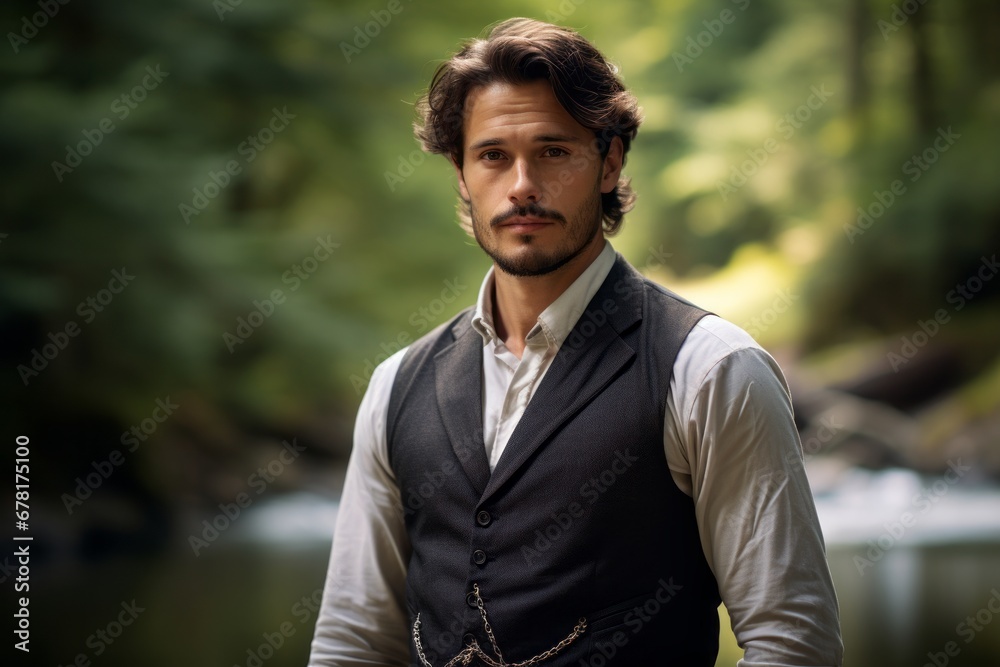 Portrait of a content man in his 30s dressed in a polished vest against a tranquil forest stream. AI Generation Portrait of a content man in his 30s dressed in a polished vest against a tranquil forest stream. AI Generation