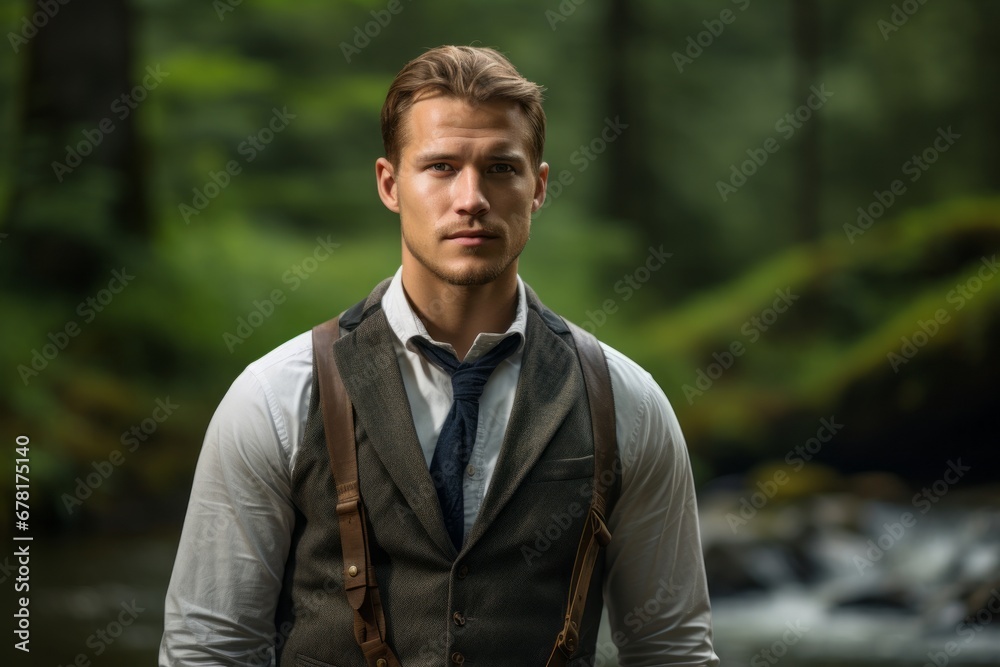 Portrait of a content man in his 30s dressed in a polished vest against a tranquil forest stream. AI Generation Portrait of a content man in his 30s dressed in a polished vest against a tranquil forest stream. AI Generation