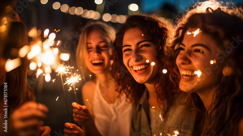 Group of girls friends having fun for celebration and holding a burn sparkler lights