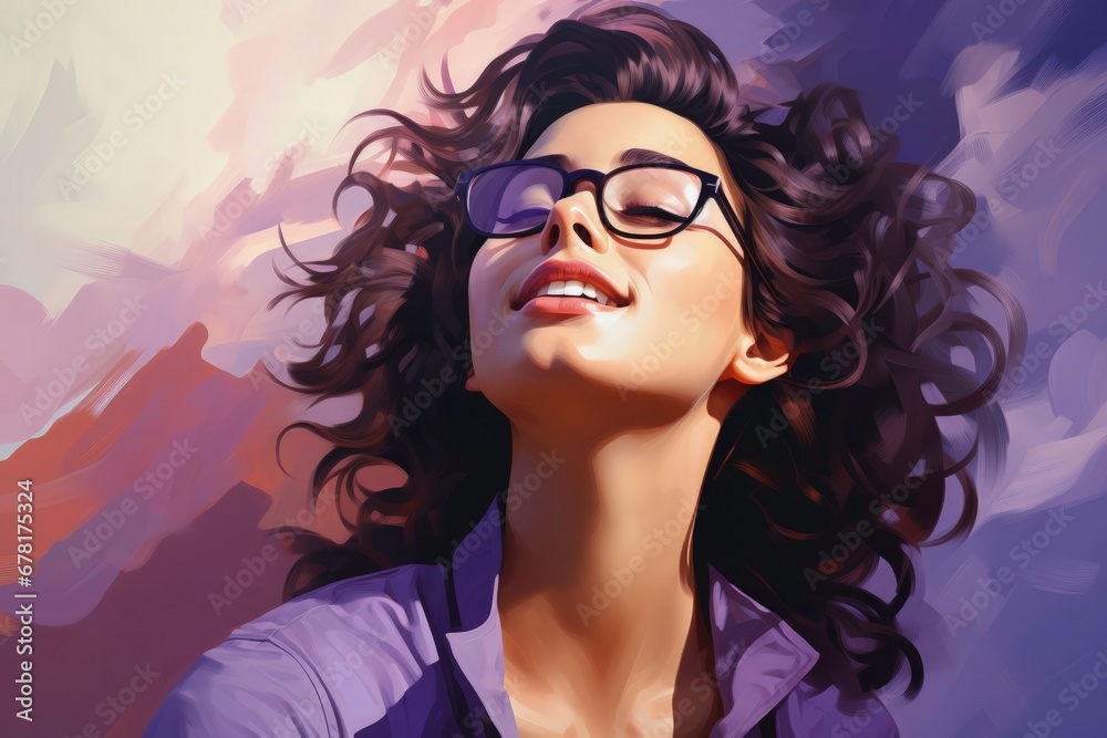A woman passionately painting her emotions isolated on a purple gradient background A woman passionately painting her emotions isolated on a purple gradient background