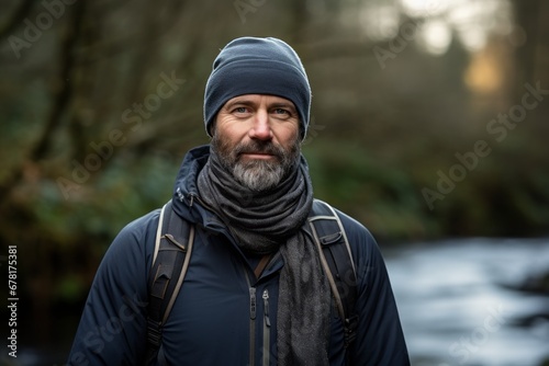 Portrait of a glad man in his 40s wearing a protective neck gaiter against a tranquil forest stream. AI Generation