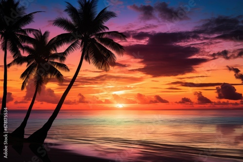 Serene Beach Sunset with Palm Trees Silhouetted Against a Colorful Sky.