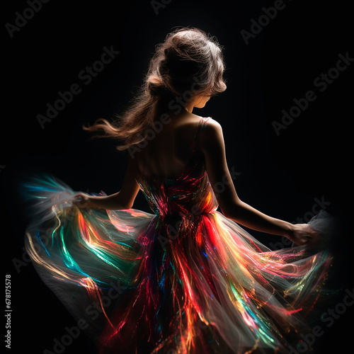 young fair lady with colourfully bright glow, glittering in the dark dress, from behind isolated on black, light painted motion photo