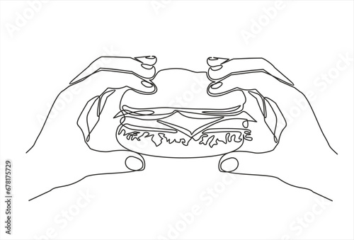 Continuous one line drawing of Hands hold a burger. Hamburger or sandwich outline sketch. Fast food concept. Vector illustration.