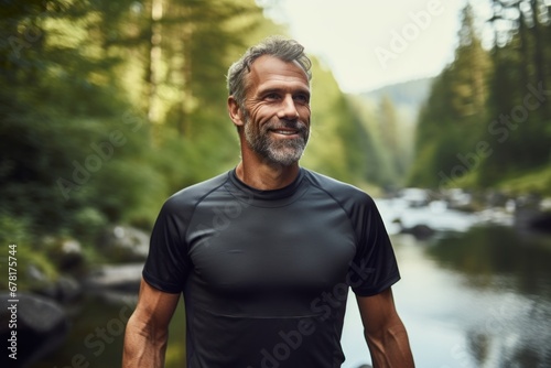 Portrait of a tender man in his 50s wearing a moisture-wicking running shirt against a tranquil forest stream. AI Generation