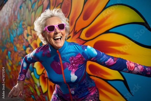 Portrait of a cheerful woman in her 60s showing off a vibrant rash guard against a vibrant graffiti wall. AI Generation