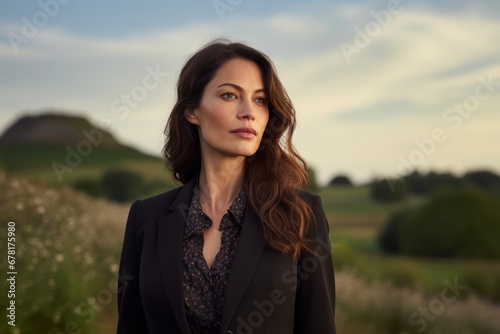 Portrait of a tender woman in her 40s dressed in a stylish blazer against a backdrop of an idyllic countryside. AI Generation © CogniLens