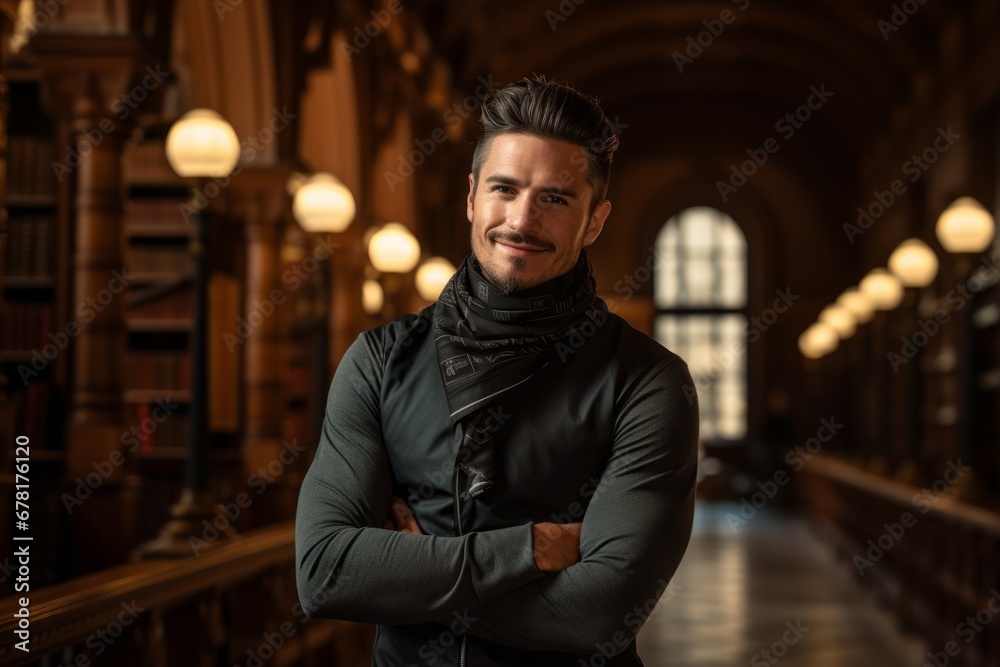 Portrait of a satisfied man in his 30s wearing a protective neck gaiter against a classic library interior. AI Generation Portrait of a satisfied man in his 30s wearing a protective neck gaiter against a classic library interior. AI Generation