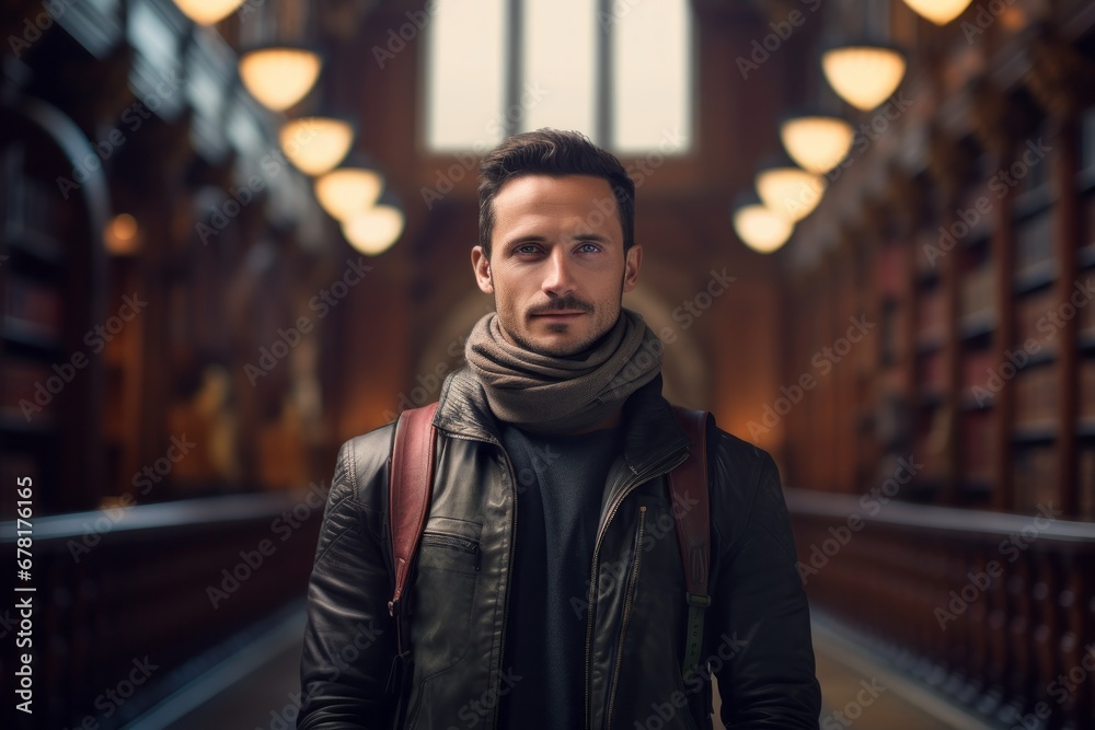 Portrait of a satisfied man in his 30s wearing a protective neck gaiter against a classic library interior. AI Generation