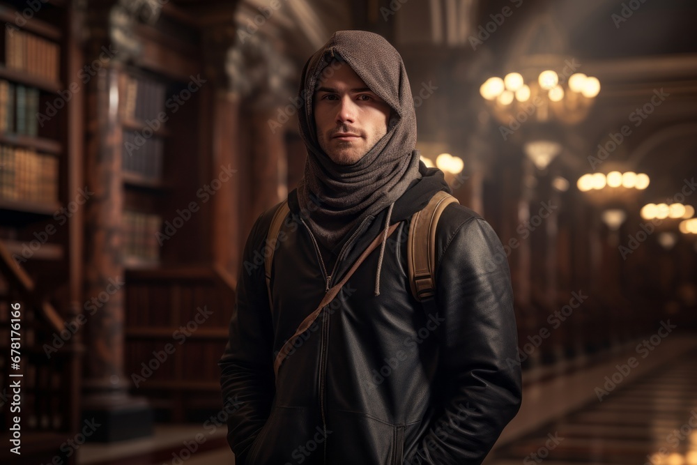 Portrait of a satisfied man in his 30s wearing a protective neck gaiter against a classic library interior. AI Generation Portrait of a satisfied man in his 30s wearing a protective neck gaiter against a classic library interior. AI Generation