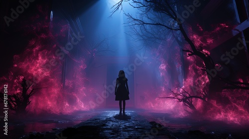 A silhouette of a person standing in the middle of a dark stage that is burning with a pink flame photo