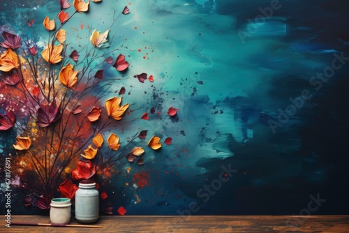 Art therapy materials scattered colorful background with empty space for text 