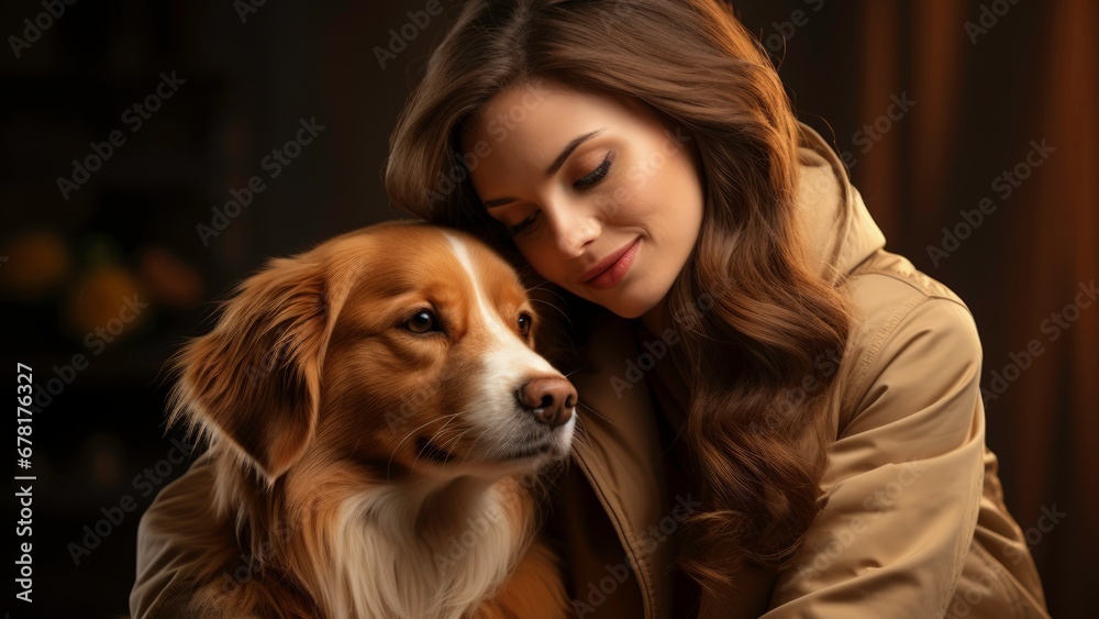 A therapy dog comforting a tearful individual isolated on a gradient background 