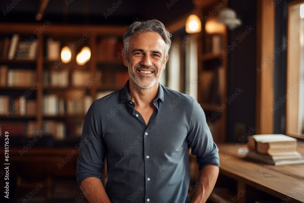 Portrait of a smiling man in his 50s sporting a versatile denim shirt against a classic library interior. AI Generation Portrait of a smiling man in his 50s sporting a versatile denim shirt against a classic library interior. AI Generation