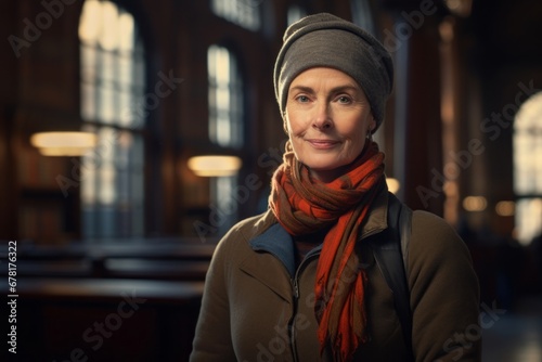 Portrait of a merry woman in her 50s wearing a protective neck gaiter against a classic library interior. AI Generation