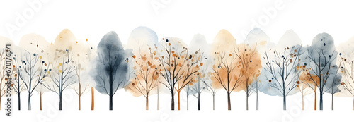 Winter snowy trees watercolor horizontal banner isolated on white background
