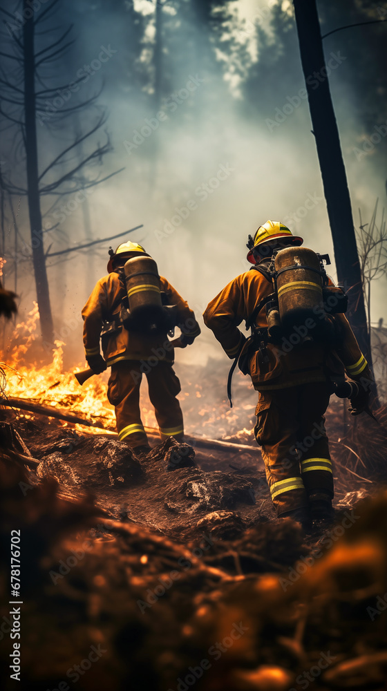 Firefighters fighting a fire in a forest. 
