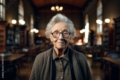 Portrait of a glad elderly 100 year old woman dressed in a relaxed flannel shirt against a classic library interior. AI Generation photo